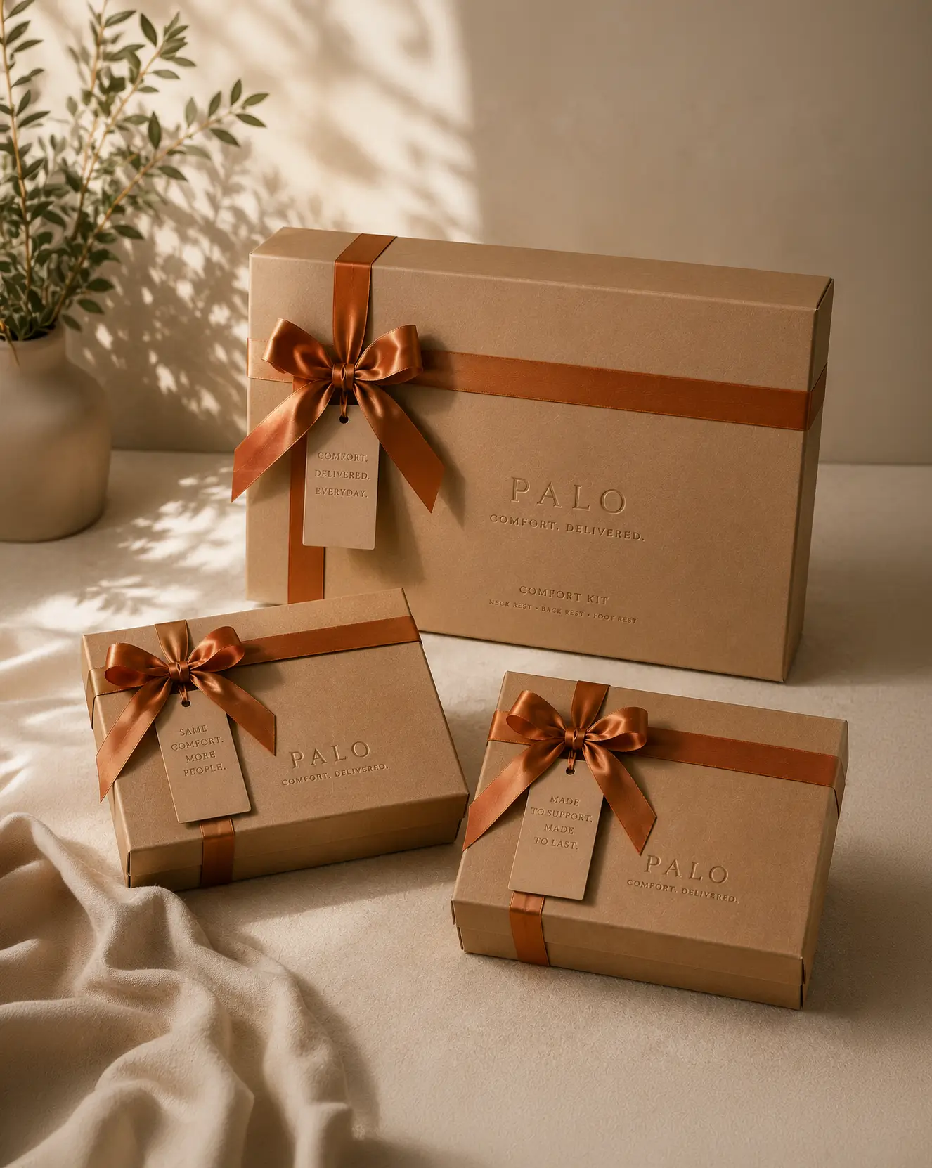 Curated PALO gifts laid out on a table with a handwritten card